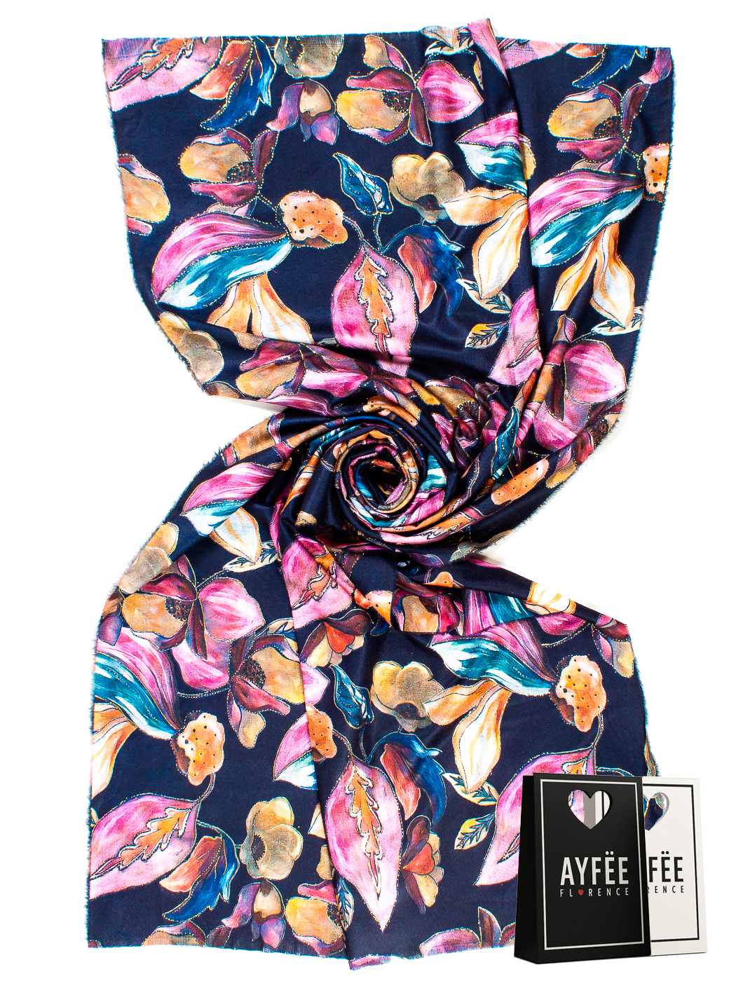 STOLA STAMPA LEAVES CON GLITTER CM 75X180 100%VI MADE IN PRC     - BLACK